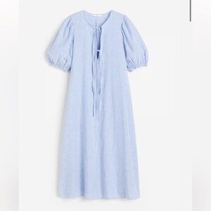 H&M Tie Detail Linen Blend Stripes Blue & White Striped Long Midi Dress XXL